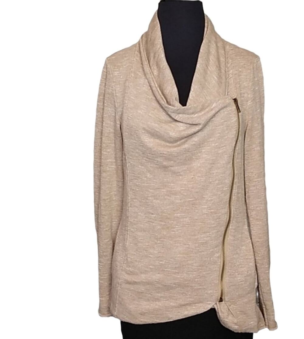 Cloudwalk Womens SZ Small Beige Asymmetric Zip Up Distressed Jacket / Cardigan